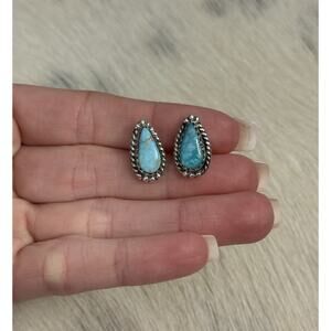 Native American Sterling Silver White Water Turquoise Tear Drop Stud Earrings